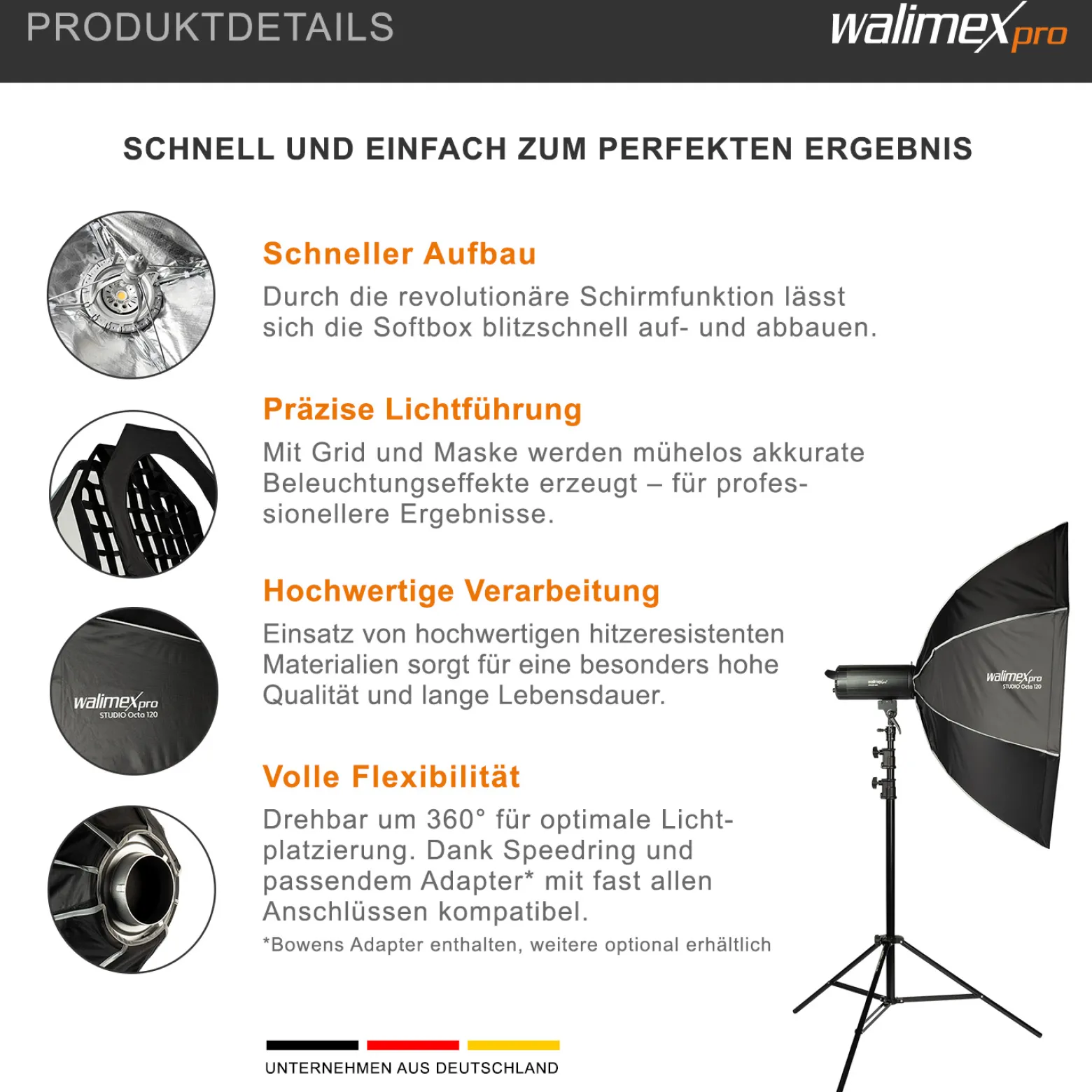 Walimex pro Studio Softbox Octagon 120cm + Elinchrom Adapter 15,2cm, 360°, einfacher Aufbau, inkl. Grid, Maske, Bowens Adapter und Transporttasche, ideal für Porträts und Beauty-Aufnahmen