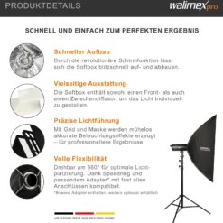 Walimex pro Studio Softbox 80x120cm, um 360° drehbar, einfacher Aufbau dank Schirmfunktion, inkl. Grid, Masken, Bowens Adapter und Transporttasche, ideal für Produkt- und Peoplefotografie