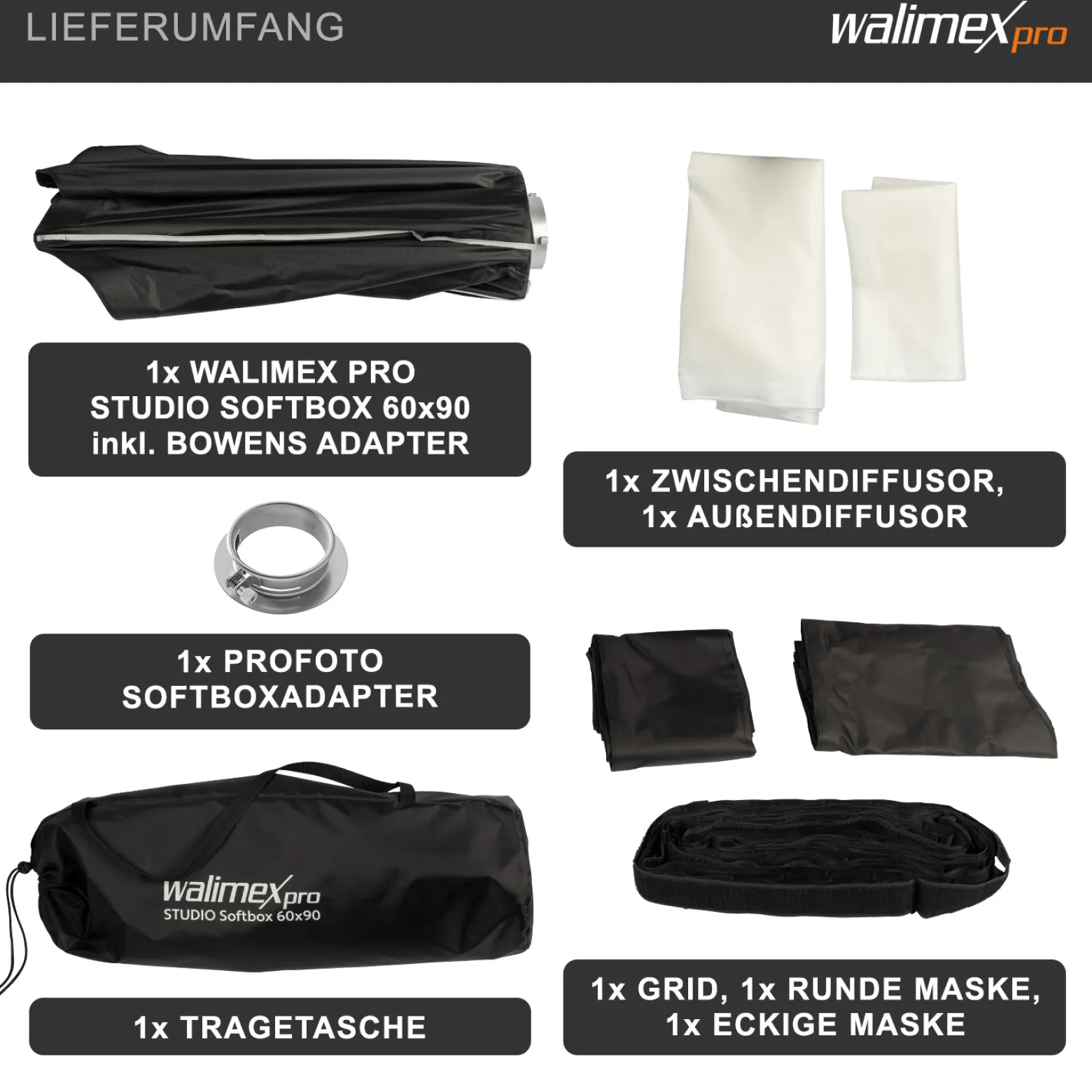 Walimex pro Studio Softbox 60x90cm + Profoto Adapter 15,2cm, 360°, Schirmfunktion, inkl. Grid, Masken, Bowens Adapter und Transporttasche, ideal für Produkt- und Peoplefotografie