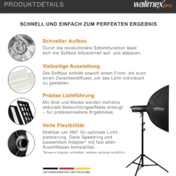 Walimex pro Studio Striplight Softbox 22 x 90 cm, Lichtformer um 360° drehbar, einfacher Aufbau dank Schirmfunktion, inkl. Grid, Maske, Bowens Adapter u. Tasche, ideal für Produkt- u. Peoplefotografie