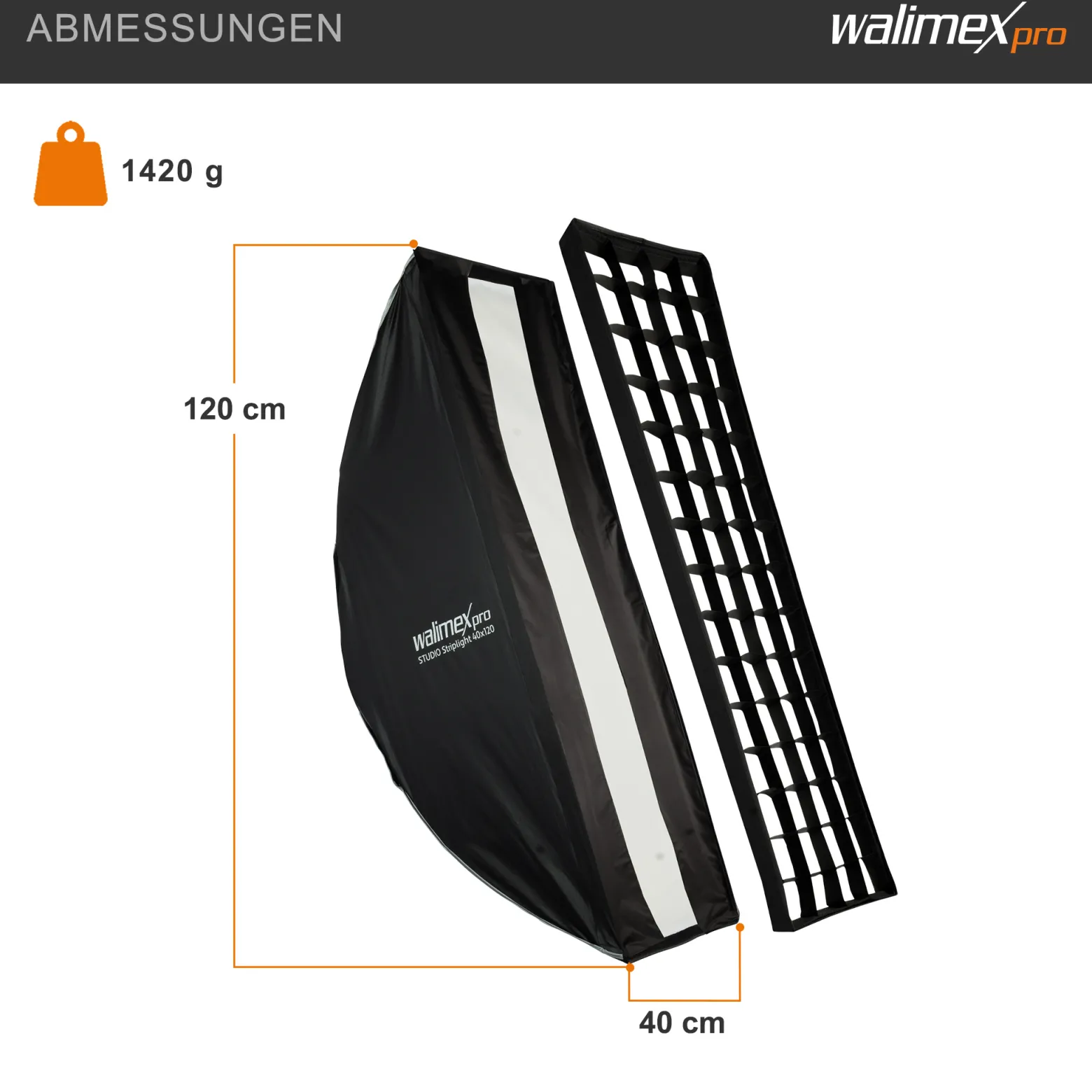 Walimex pro Studio Striplight Softbox 40 x 120 cm, Soft Box inkl. Diffusor, Lichtformer 360° drehbar, faltbar, schneller Aufbau, Bowens-Adapter für Studioblitz oder Studioleuchte