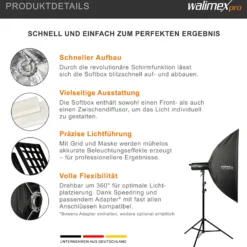 Walimex pro Studio Striplight Softbox 40 x 120 cm + Elinchrom Adapter 15,2 cm, Soft Box inkl. Diffusor, Lichtformer 360°, faltbar, schneller Aufbau, Bowens-Adapter für Studioblitz oder Studioleuchte