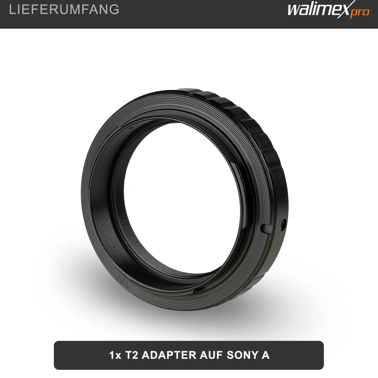 Walimex pro T2 Adapter kompatibel mit Sony A - 60 x 60 x 15 mm - Adapterring manueller Fokus, einfache Handhabung, Objektiv-Anschlussring für A99 II, A68, A77 II, A58, A99