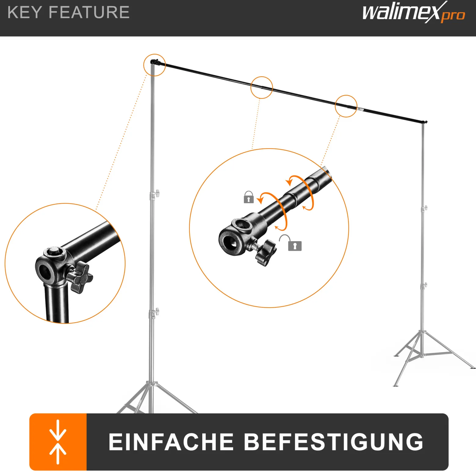 Walimex pro Teleskop Hintergrundstange 120-307 cm Länge bis 6 kg belastbar, Hintergrundsystem Teleskopstange für Fotohintergrund, ideal für Stoffhintergründe, für Fotostudio und Mobil