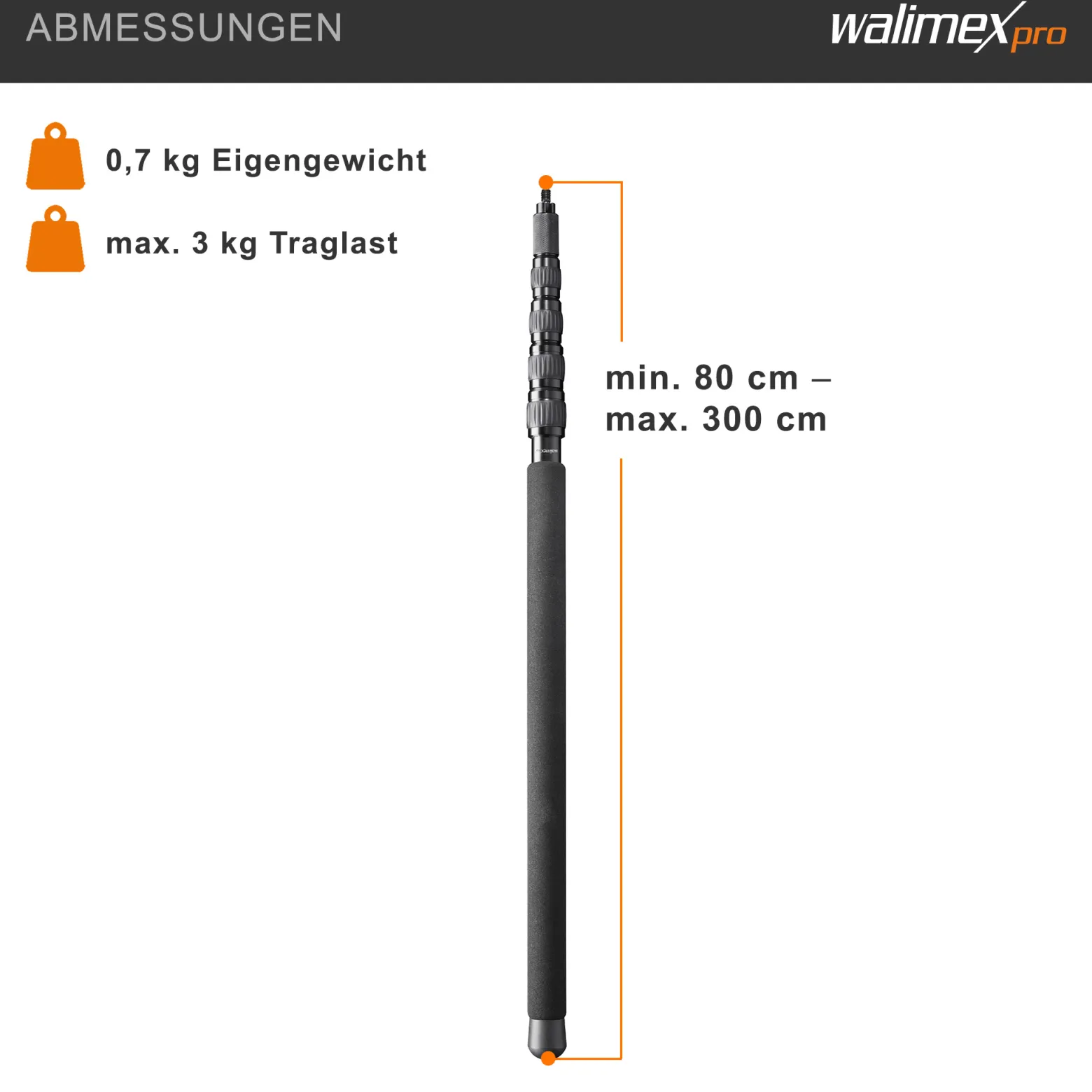 Walimex pro Tonangel MicPipe und Handstativ - 900 x 40 x 40 mm / max. Länge 3 m - mit 3/8" Gewinde und Kabelführung für Kabel mit max. 7 mm - Mikrofon-Angel für Mikro Video Zubehör