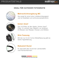 Walimex pro UV-Filter Slim MC 77mm - Schutz vor UV-Strahlen und Verschmutzung, Hochwertige Mehrschichtvergütung, mit äußerst dünner, gering auftragender Metallfassung, Inkl. Schutzhülle