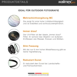 Walimex pro UV-Filter Slim MC 86mm - Schutz vor UV-Strahlen und Verschmutzung, Hochwertige Mehrschichtvergütung, mit äußerst dünner, gering auftragender Metallfassung, Inkl. Schutzhülle