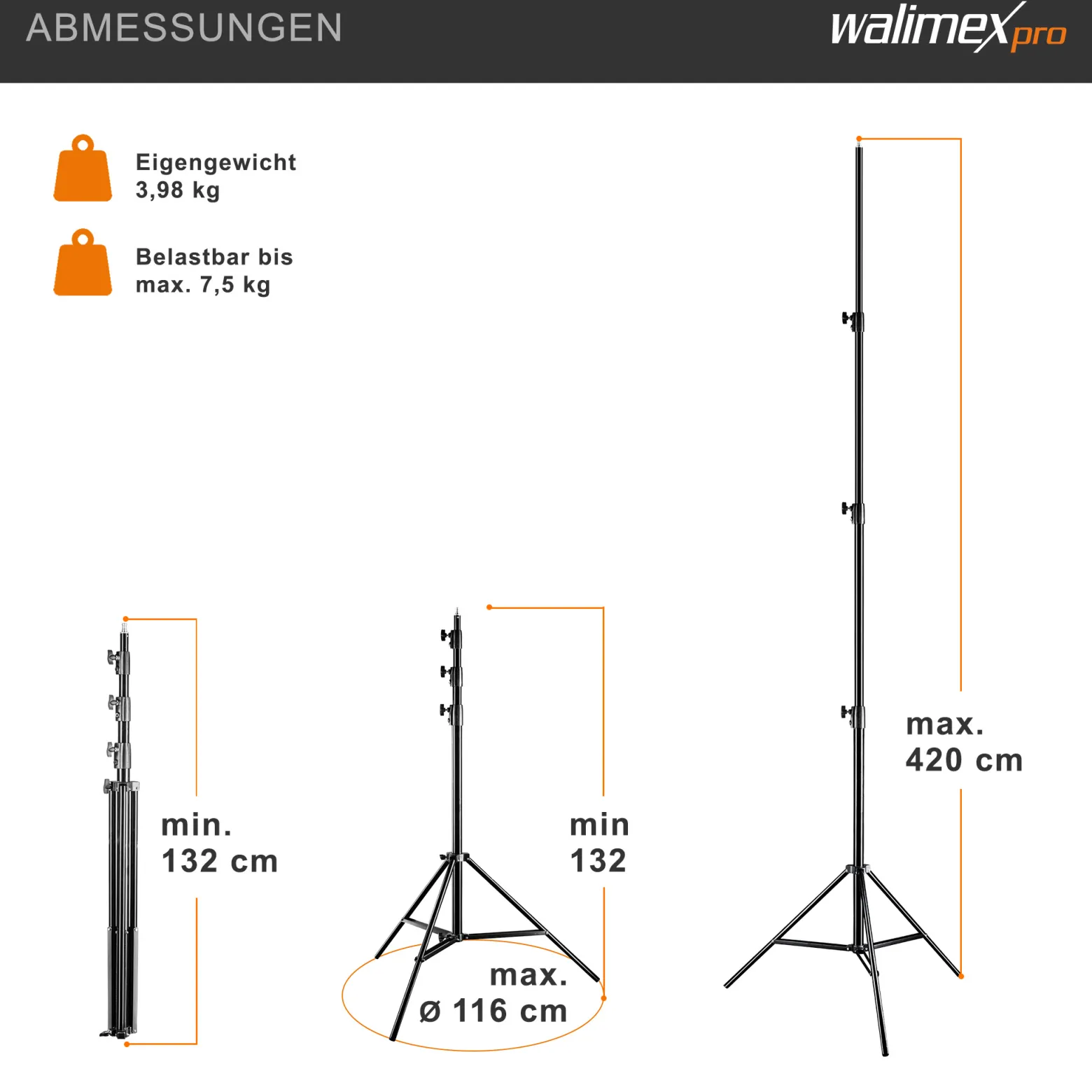 Walimex pro WT-420 Lampenstativ 420 cm, höhenverstellbares Lichtstativ belastbar bis 7,5 kg, Blitzstativ mit 5/8 Zoll Spigot, Studiostativ mit Federdämpfung