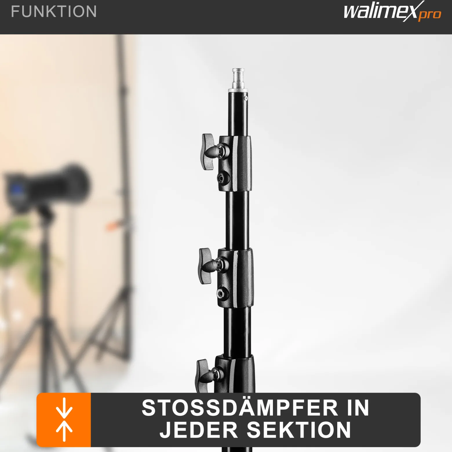 Walimex pro WT-420 Lampenstativ 420 cm, höhenverstellbares Lichtstativ belastbar bis 7,5 kg, Blitzstativ mit 5/8 Zoll Spigot, Studiostativ mit Federdämpfung
