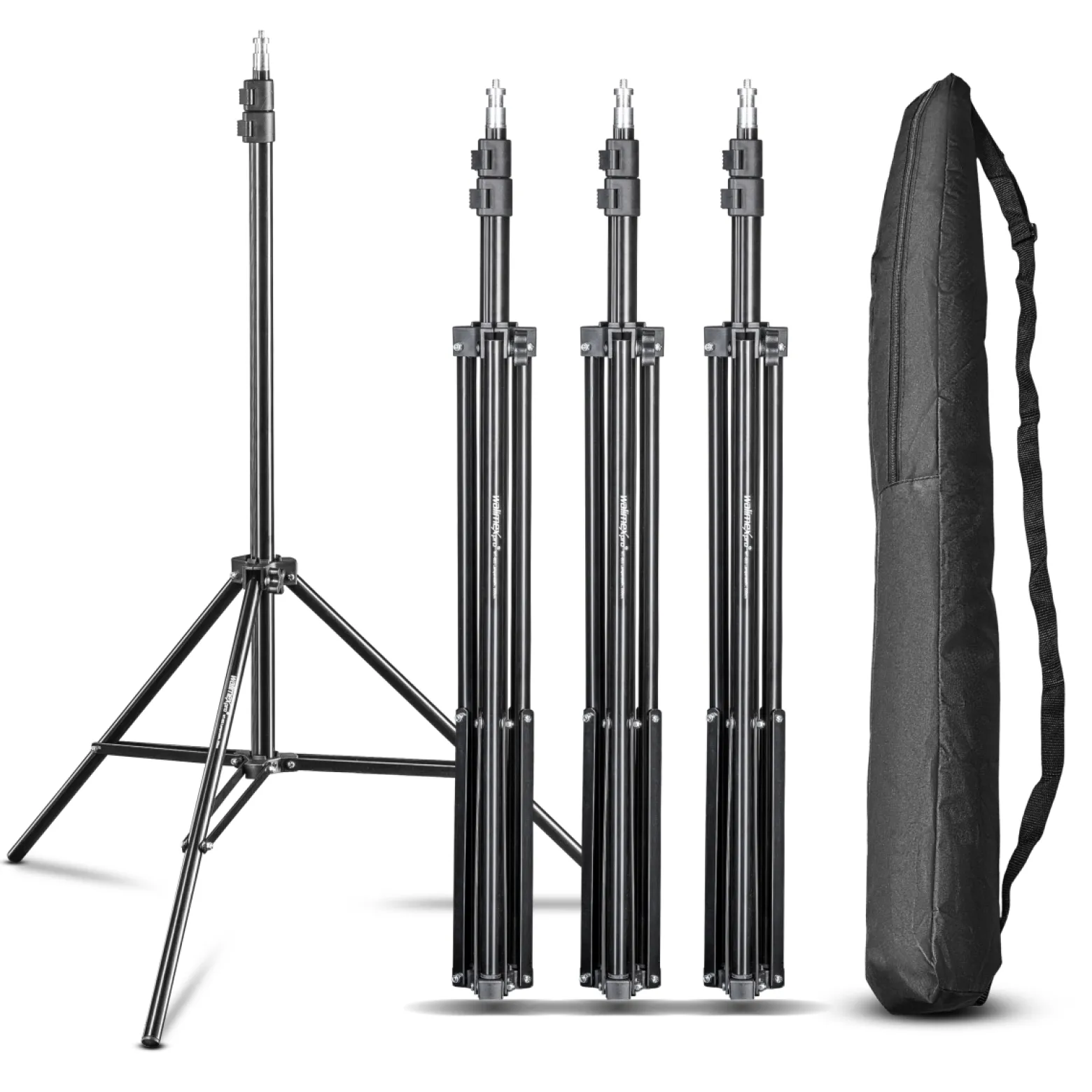 Walimex pro WT-803 Lampenstativ 4er-Set höhenverstellbar bis 208 cm, Lichtstativ aus Aluminium mit Tasche + Adapter, Studiostativ max. Traglast 3,5 kg, Blitzstativ für Studio und Mobil