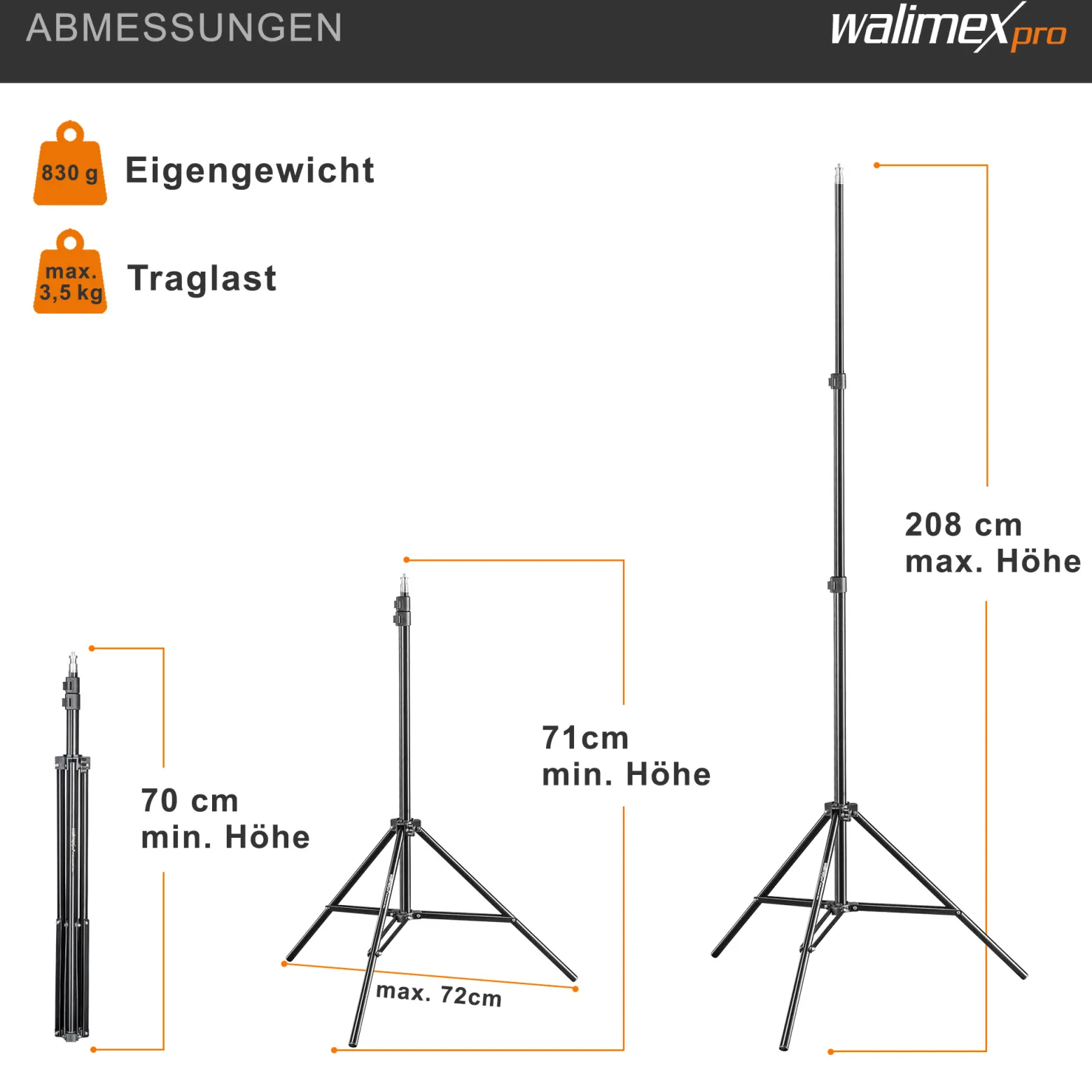 Walimex pro WT-803 Lampenstativ höhenverstellbar bis 208 cm, Lichtstativ aus Aluminium mit Tasche + Adapter, Studiostativ max. Traglast 3,5 kg, Blitzstativ für Studio und Mobil