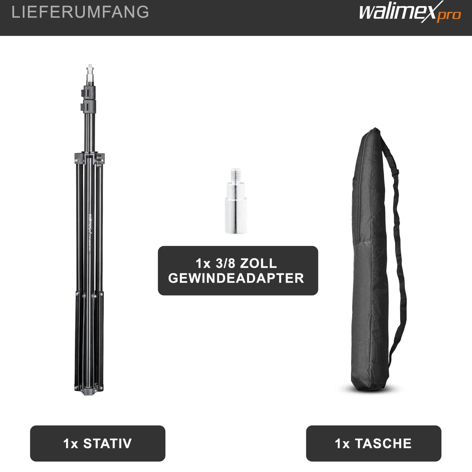 Walimex pro WT-803 Lampenstativ höhenverstellbar bis 208 cm, Lichtstativ aus Aluminium mit Tasche + Adapter, Studiostativ max. Traglast 3,5 kg, Blitzstativ für Studio und Mobil