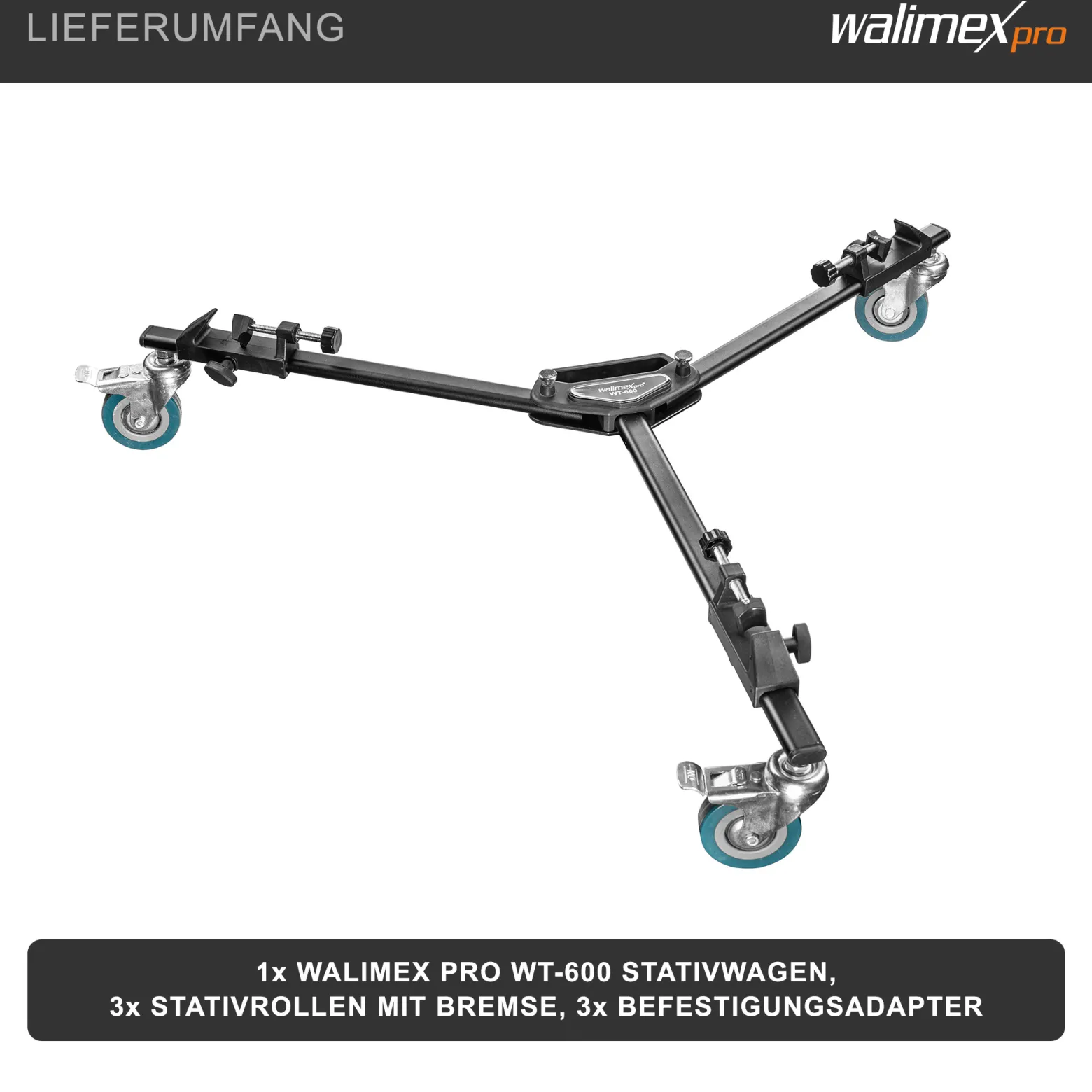 Walimex pro WT-600 Stativwagen für Dreibein- und Lampenstative, Transport Wagen Aluminium bis 10 kg Traglast, Stativ Zubehör für Studiofotografie