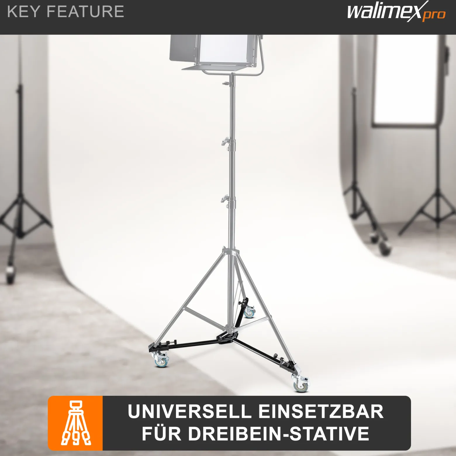 Walimex pro WT-600 Stativwagen für Dreibein- und Lampenstative, Transport Wagen Aluminium bis 10 kg Traglast, Stativ Zubehör für Studiofotografie