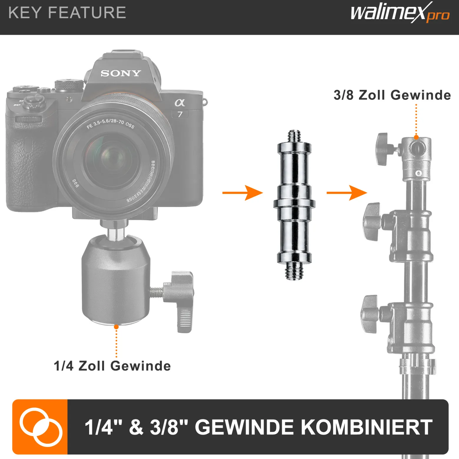 Walimex Set 3x Spigot Gewinde Adapter 3/8 Zoll und 1/4 Zoll – Gewindeadapter für Kamera Zubehör und Stativ – Fotostudio Fotoshootings Fotografie