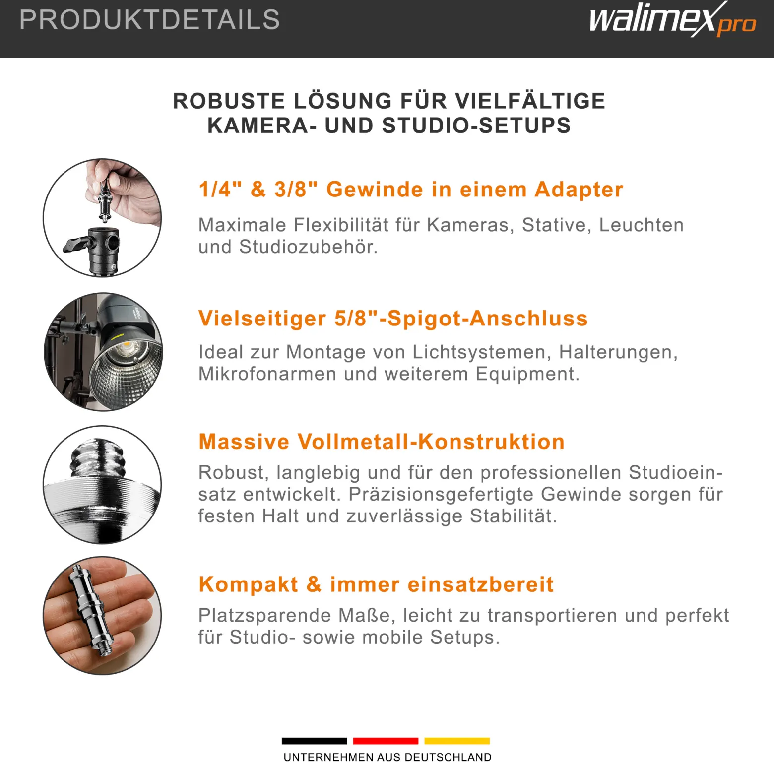 Walimex Set 3x Spigot Gewinde Adapter 3/8 Zoll und 1/4 Zoll – Gewindeadapter für Kamera Zubehör und Stativ – Fotostudio Fotoshootings Fotografie