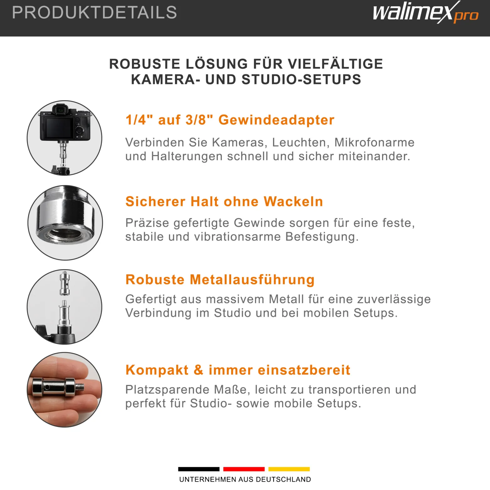 Walimex Set 3x Spigot Gewinde Adapter 1/4 Zoll auf 3/8 Zoll – Gewindeadapter für Kamera Zubehör und Stativ – Fotostudio Fotoshootings Fotografie