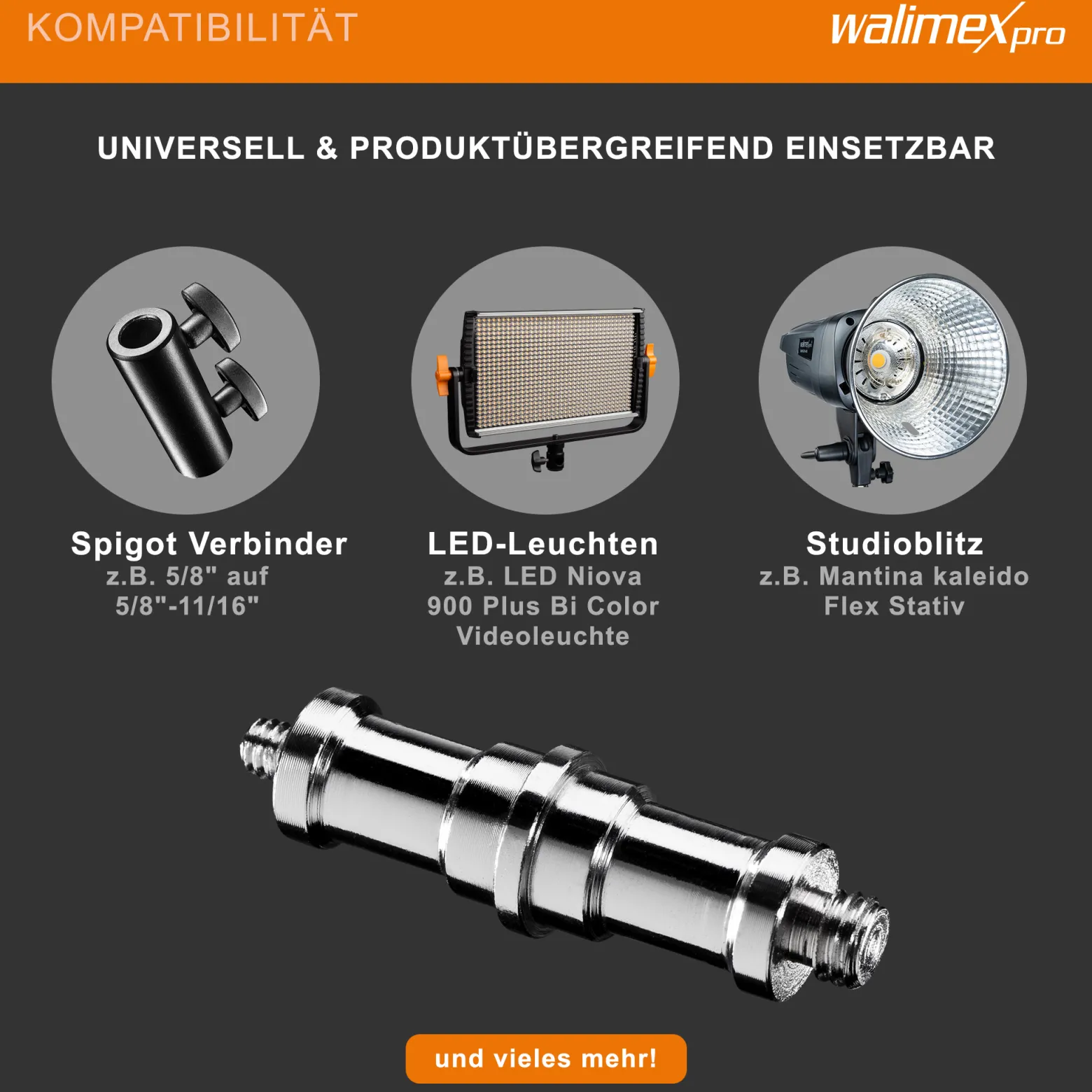 Walimex 5/8" Spigot Adapter mit 3/8" und 1/4" Gewinde – Gewindeadapter für Kamera Zubehör und Stativ – Fotostudio Fotoshootings Fotografie