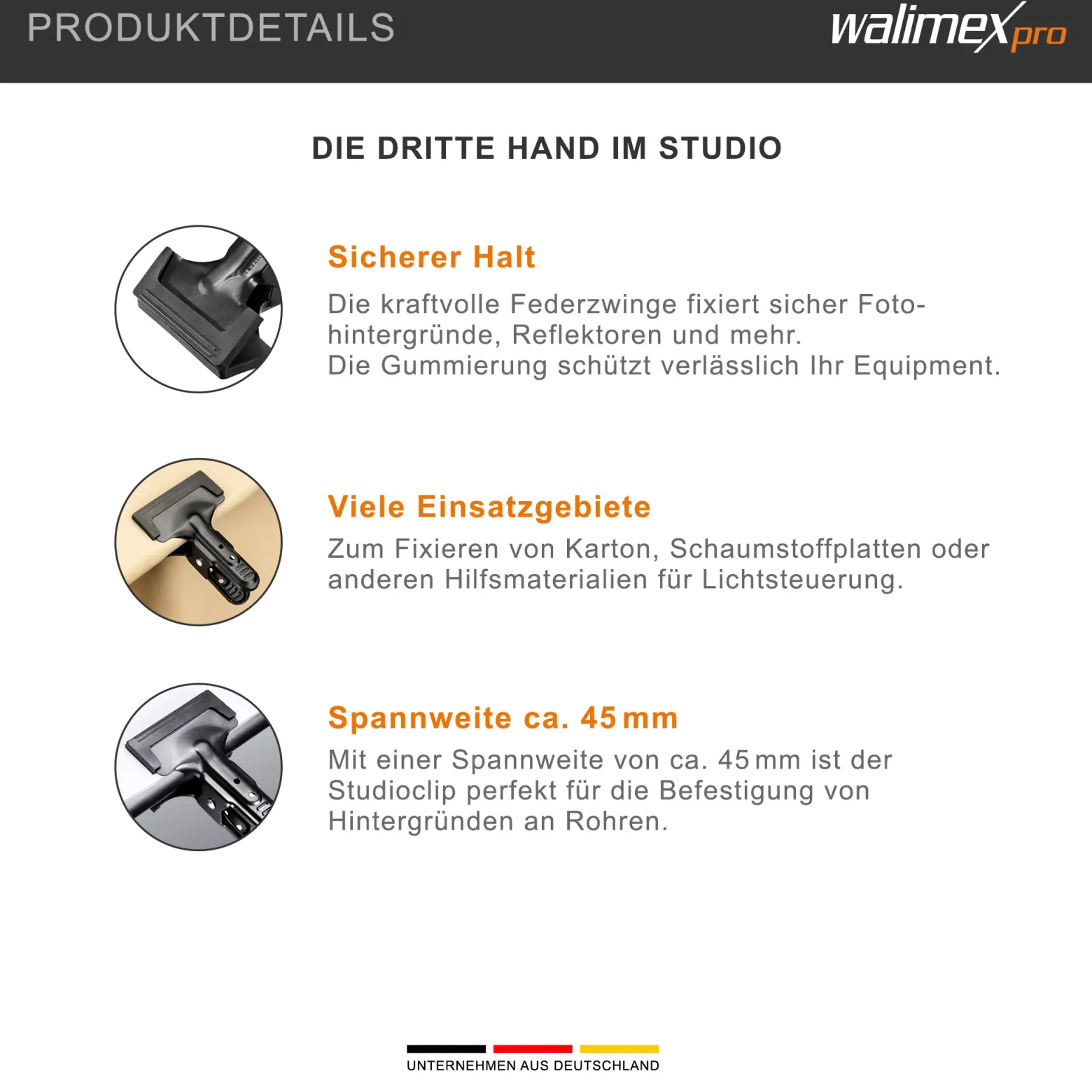 Walimex Studioclip 5er Set 85 x 110 x 70 mm mit kräftiger Federzwinge, Studioklemme bis 45 mm Spannweite
