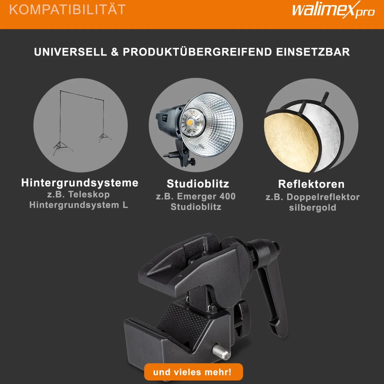 Walimex Superklemme schwarz 90 x 50 x 100 mm Klemmbereich ca. 10-60 mm mit 5/8" Spigot Aufnahme für runde und eckige Stangen und Objekte