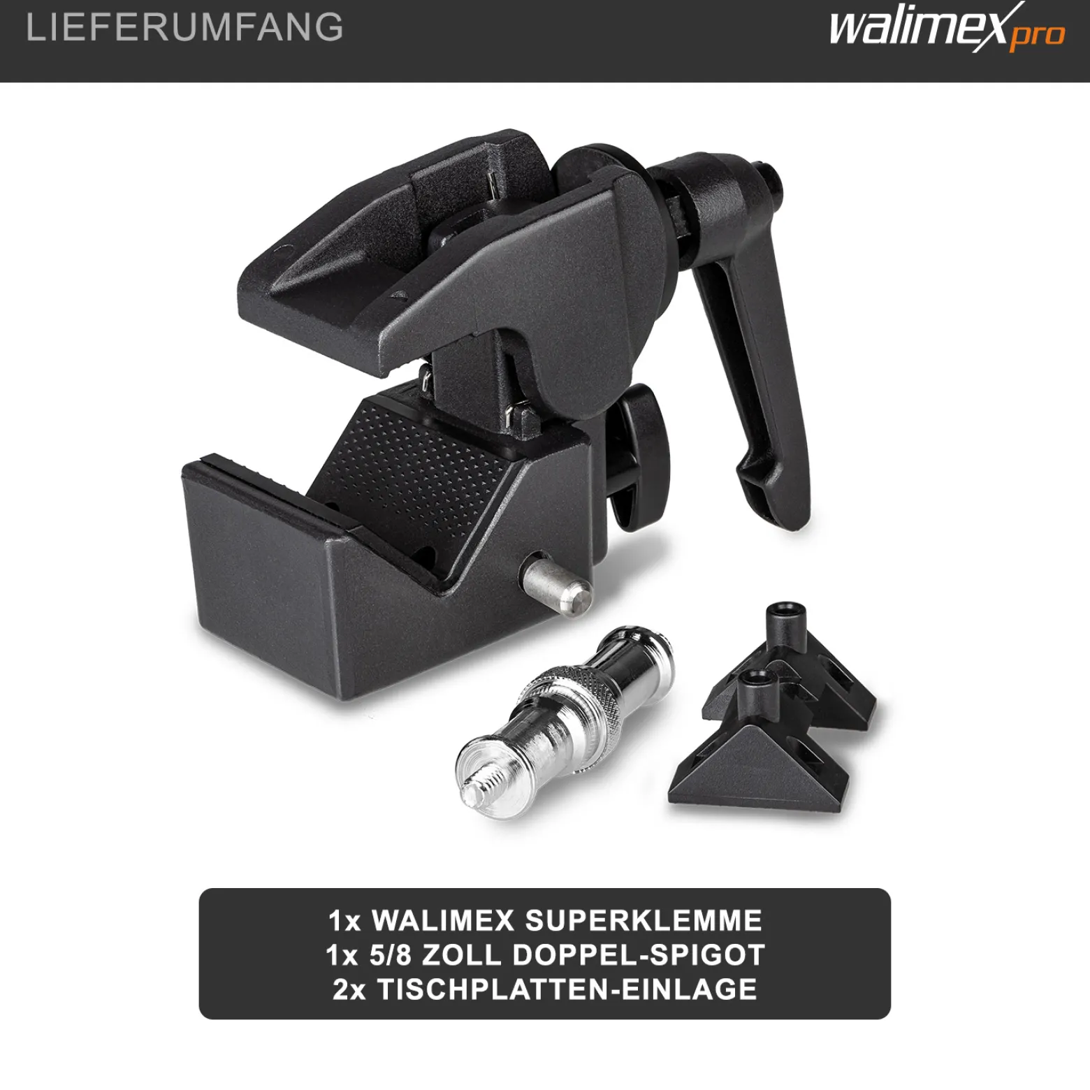 Walimex Superklemme schwarz 90 x 50 x 100 mm Klemmbereich ca. 10-60 mm mit 5/8" Spigot Aufnahme für runde und eckige Stangen und Objekte