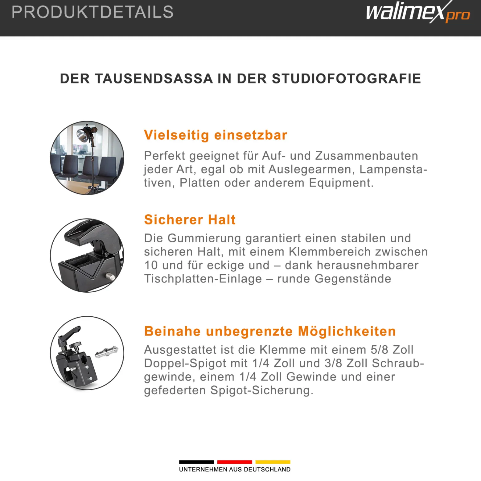 Walimex Superklemme schwarz 90 x 50 x 100 mm Klemmbereich ca. 10-60 mm mit 5/8" Spigot Aufnahme für runde und eckige Stangen und Objekte