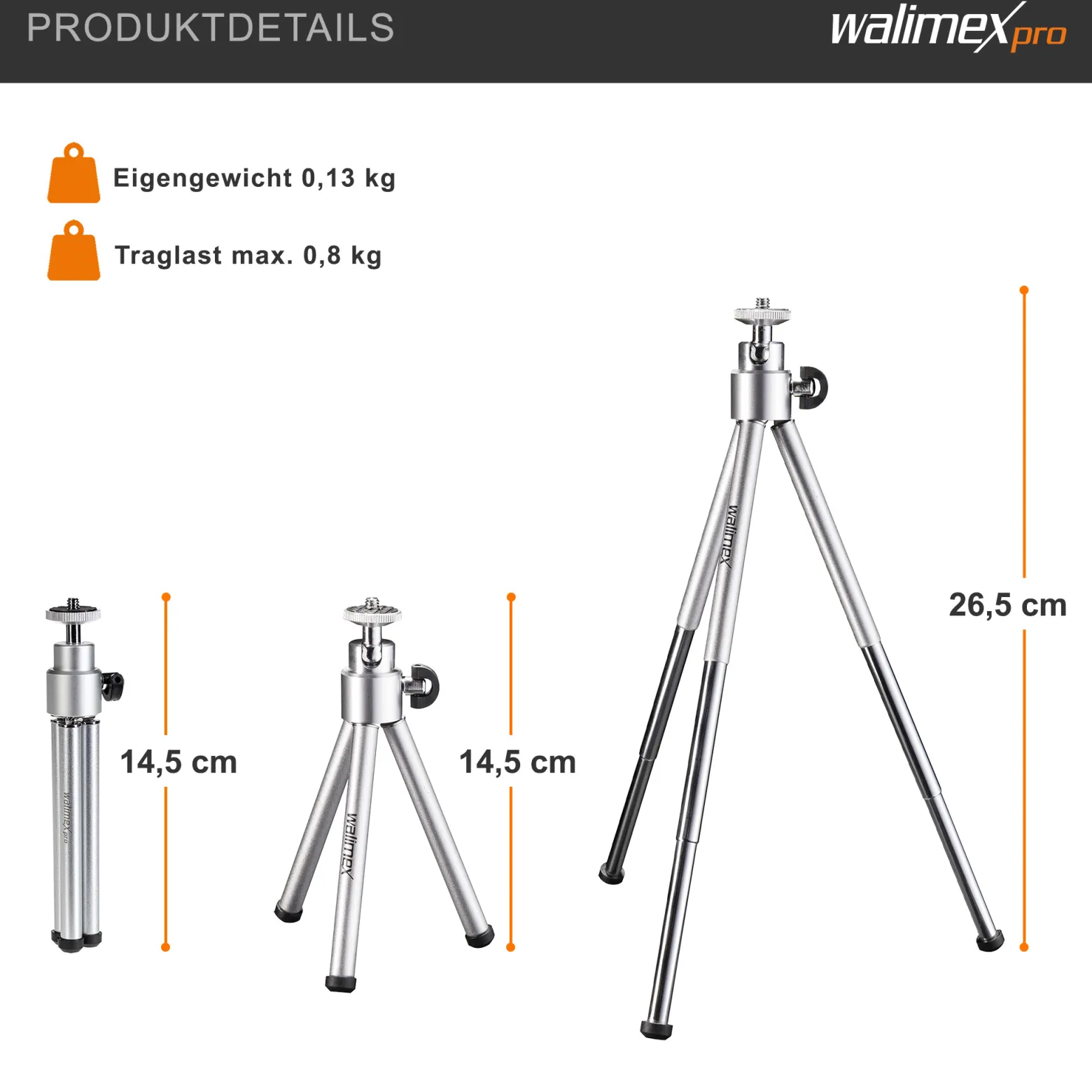 Walimex WT-070 Mini Stativ 26 cm 360° Kugelkopf, Aluminium Kamerastativ mit 1/4" Gewinde, Tischstativ mit Gummifüßen, Dreibeinstativ für Action Cams und kompatibel mit GoPro