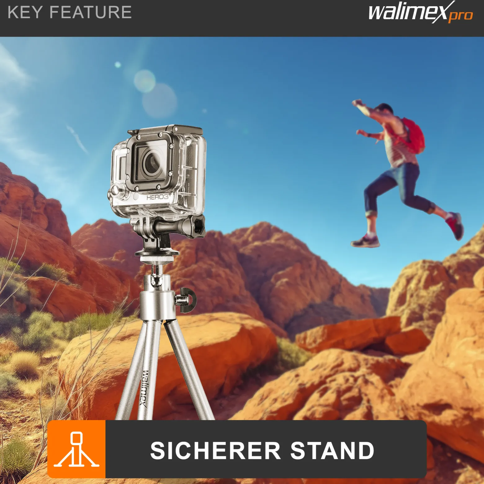 Walimex WT-070 Mini Stativ 26 cm 360° Kugelkopf, Aluminium Kamerastativ mit 1/4" Gewinde, Tischstativ mit Gummifüßen, Dreibeinstativ für Action Cams und kompatibel mit GoPro