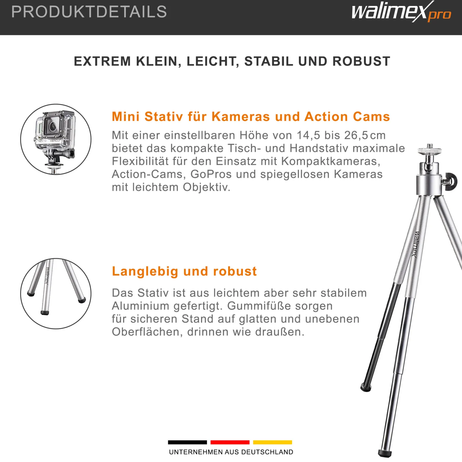 Walimex WT-070 Mini Stativ 26 cm 360° Kugelkopf, Aluminium Kamerastativ mit 1/4" Gewinde, Tischstativ mit Gummifüßen, Dreibeinstativ für Action Cams und kompatibel mit GoPro