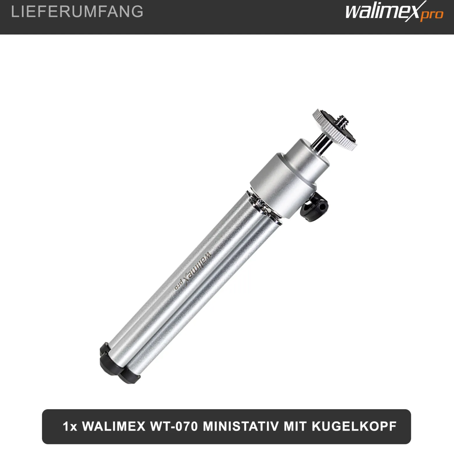 Walimex WT-070 Mini Stativ 26 cm 360° Kugelkopf, Aluminium Kamerastativ mit 1/4" Gewinde, Tischstativ mit Gummifüßen, Dreibeinstativ für Action Cams und kompatibel mit GoPro