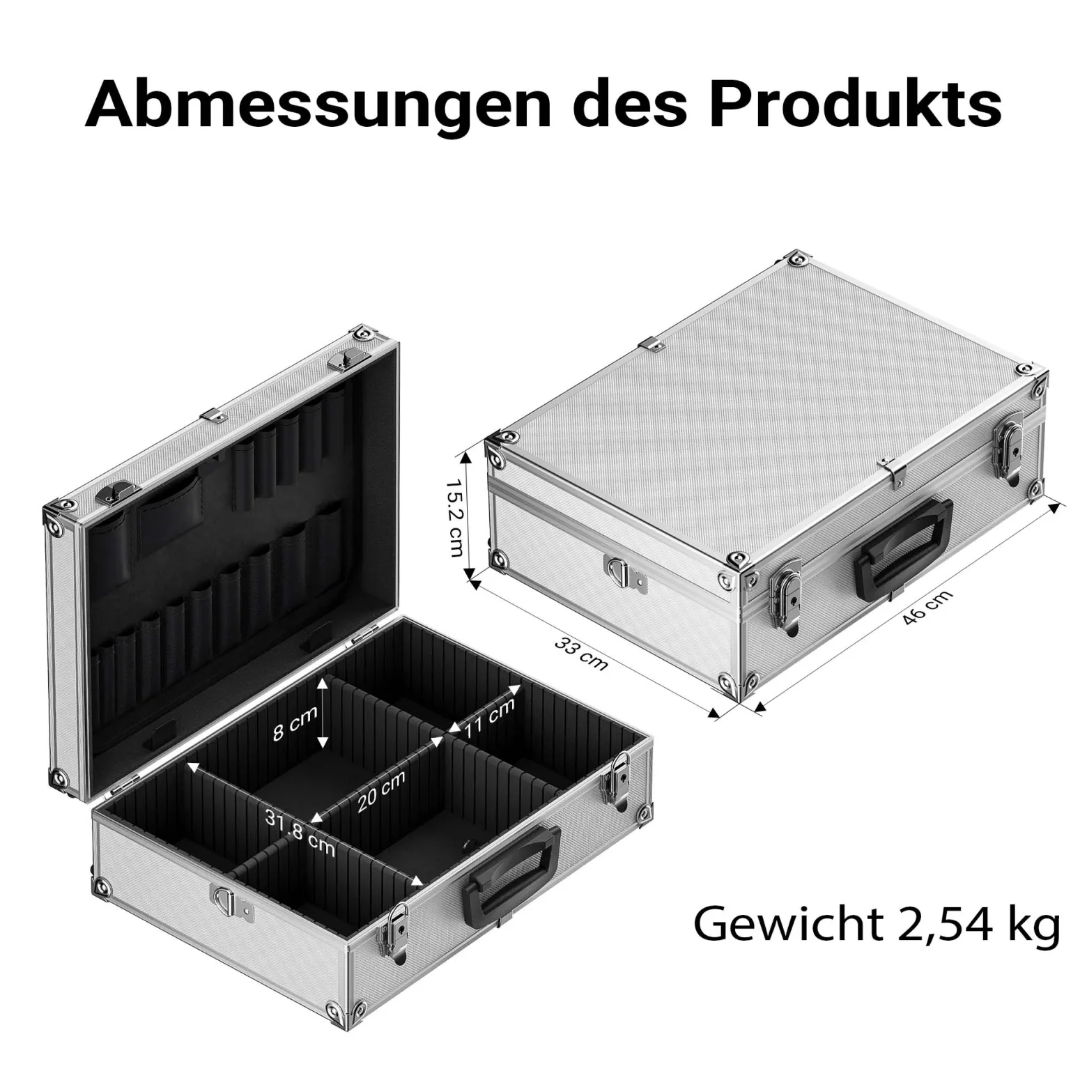 Wiltec Alu Universalkoffer 46x33x15,2 cm, Alubox abschließbar für Aufbewahrung und Transport von Werkzeug, Messgeräten usw., mit Griff und Tragegurt