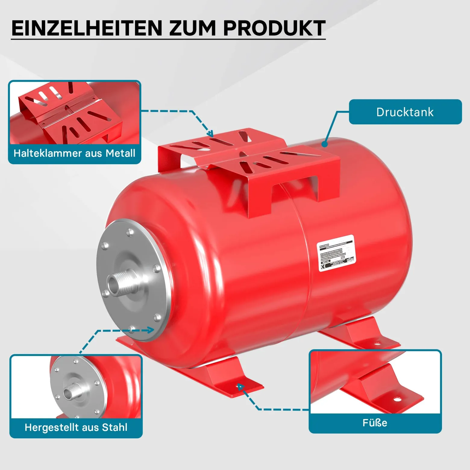 Wiltec Ausdehnungsgefäß 24 Liter, Membrankessel für Hauswasserwerke und Druckerhöhungsanlagen mit EPDM Membran