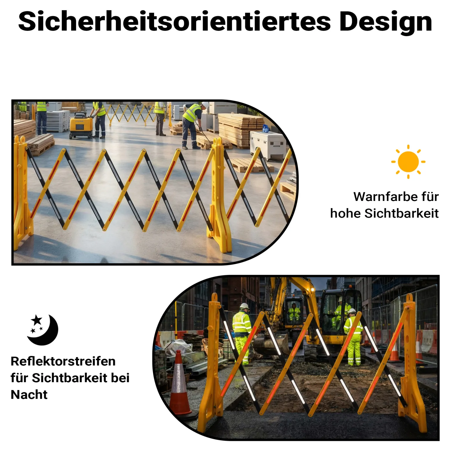 Wiltec ausziehbares Absperrgitter 250 cm aus Kunststoff, Scherengitter mit Reflektorband, Baustellenabsperrung befüllbar und faltbar, Absperrung für Verkehr