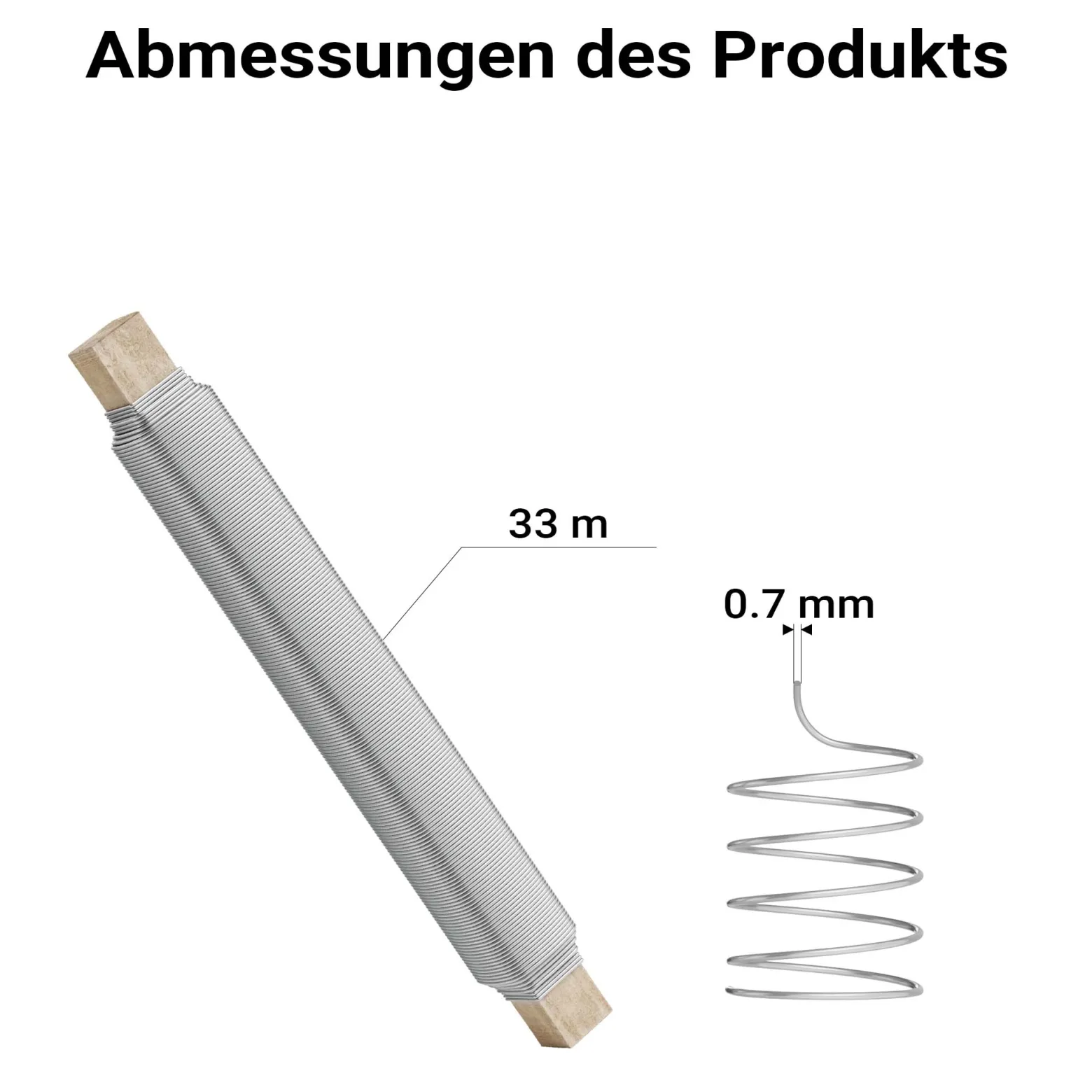 Wiltec Basteldraht silberfarben verzinkt 0,7 mm x 33 m, Wickeldraht zum Basteln und Binden, Blumendraht aus Stahl, Draht mit Holzwickel, Schmuckdraht – flexibel und stark