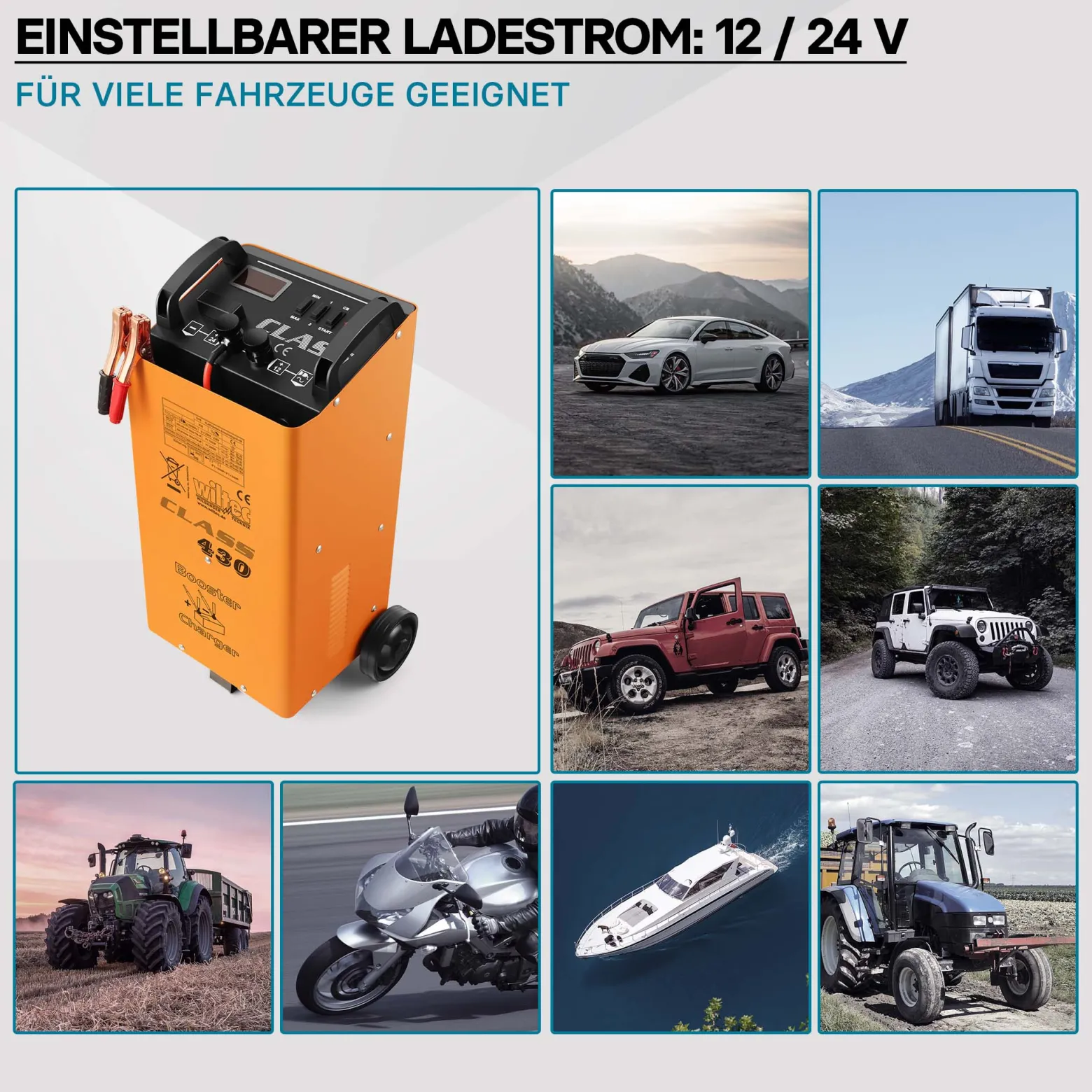 Wiltec Batterieladegerät 12V 24V 30A Batterie, Ladegerät und Starthilfe für Motorräder, Kfz, Lkw, Akkuladegerät Boost 430 mit Schnellladung