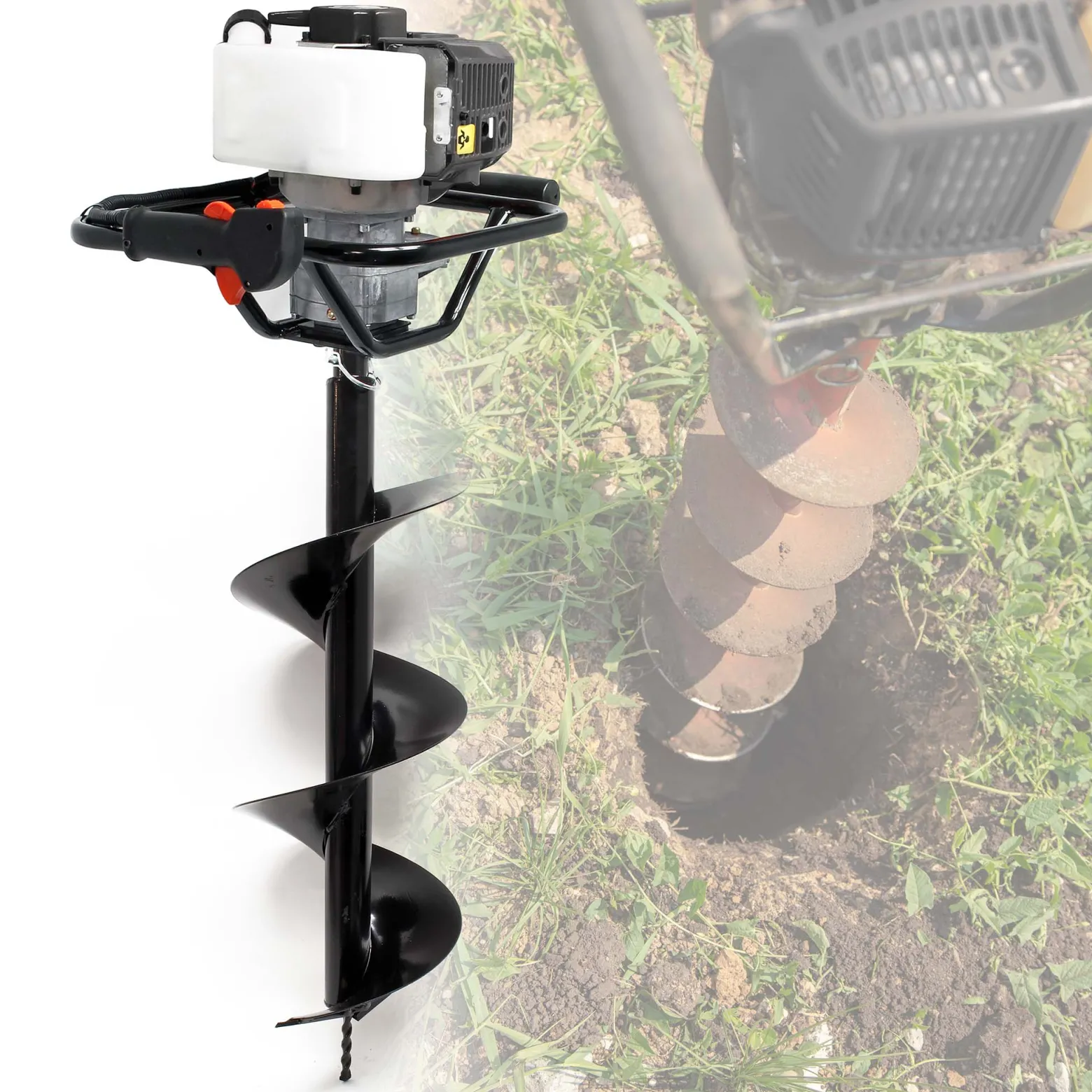Wiltec Benzin Erdlochbohrer Set mit 250 mm Bohrer, 1,4 kW 1,9 PS 52ccm Pfahlbohrer Pflanzenbohrer