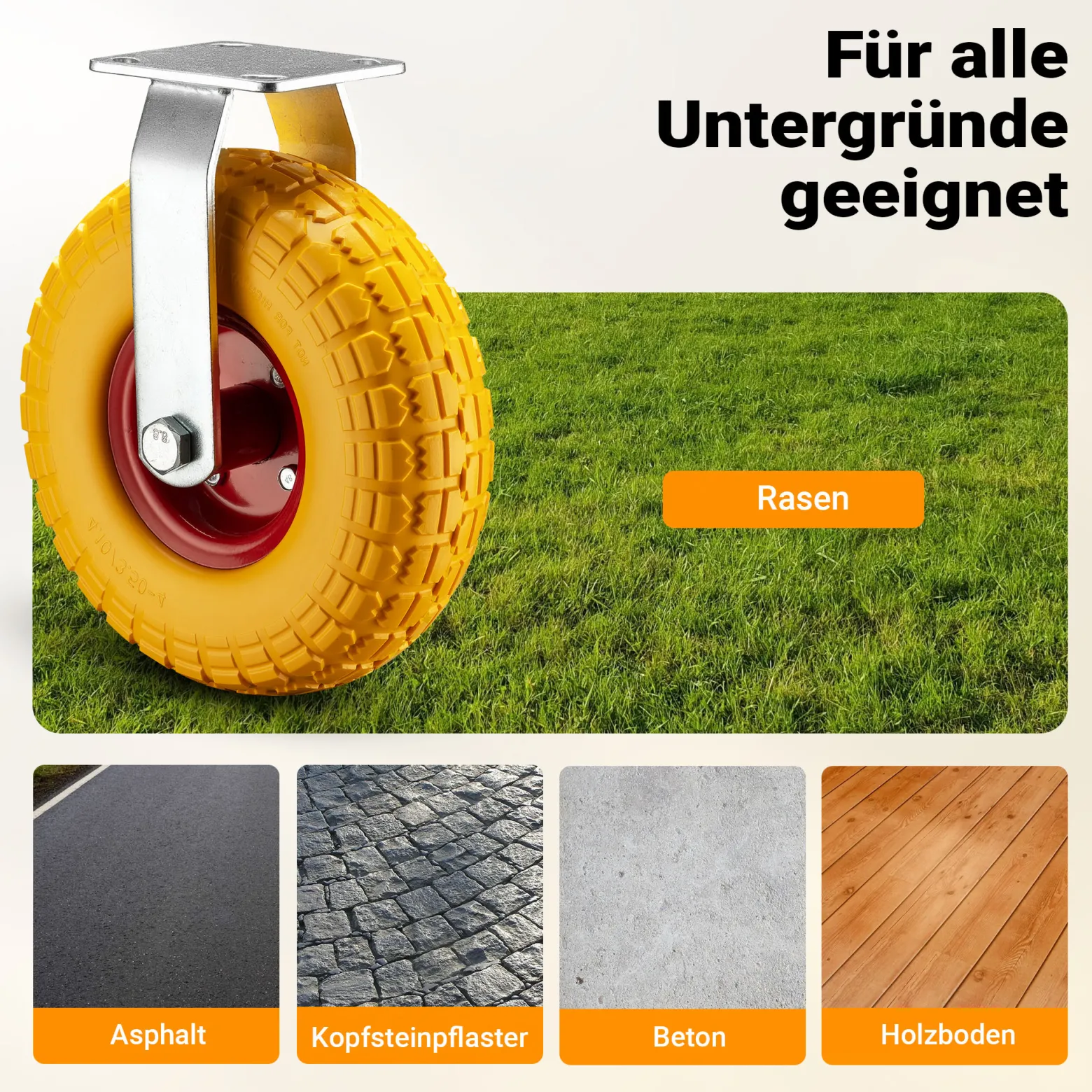 Wiltec Bockrolle Ø258 und 78mm Breite Transportrolle Vollmaterial mit Metallfelgen gelb pannensicher bis 150kg Apparaterolle leiser Lauf