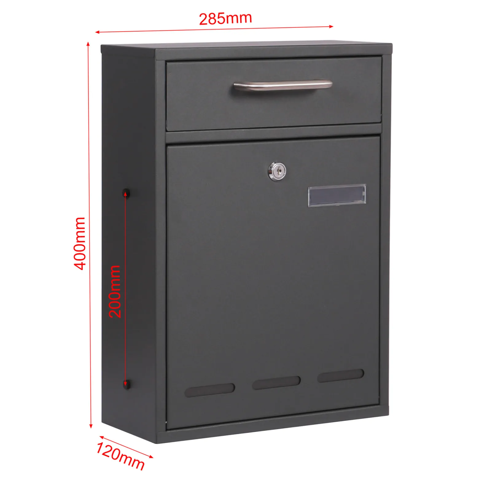 Wiltec Briefkasten anthrazit V53 Postkasten mit Namensschild, Sichtfenstern und 2 Schlüsseln als Wandbriefkasten oder Standbriefkasten