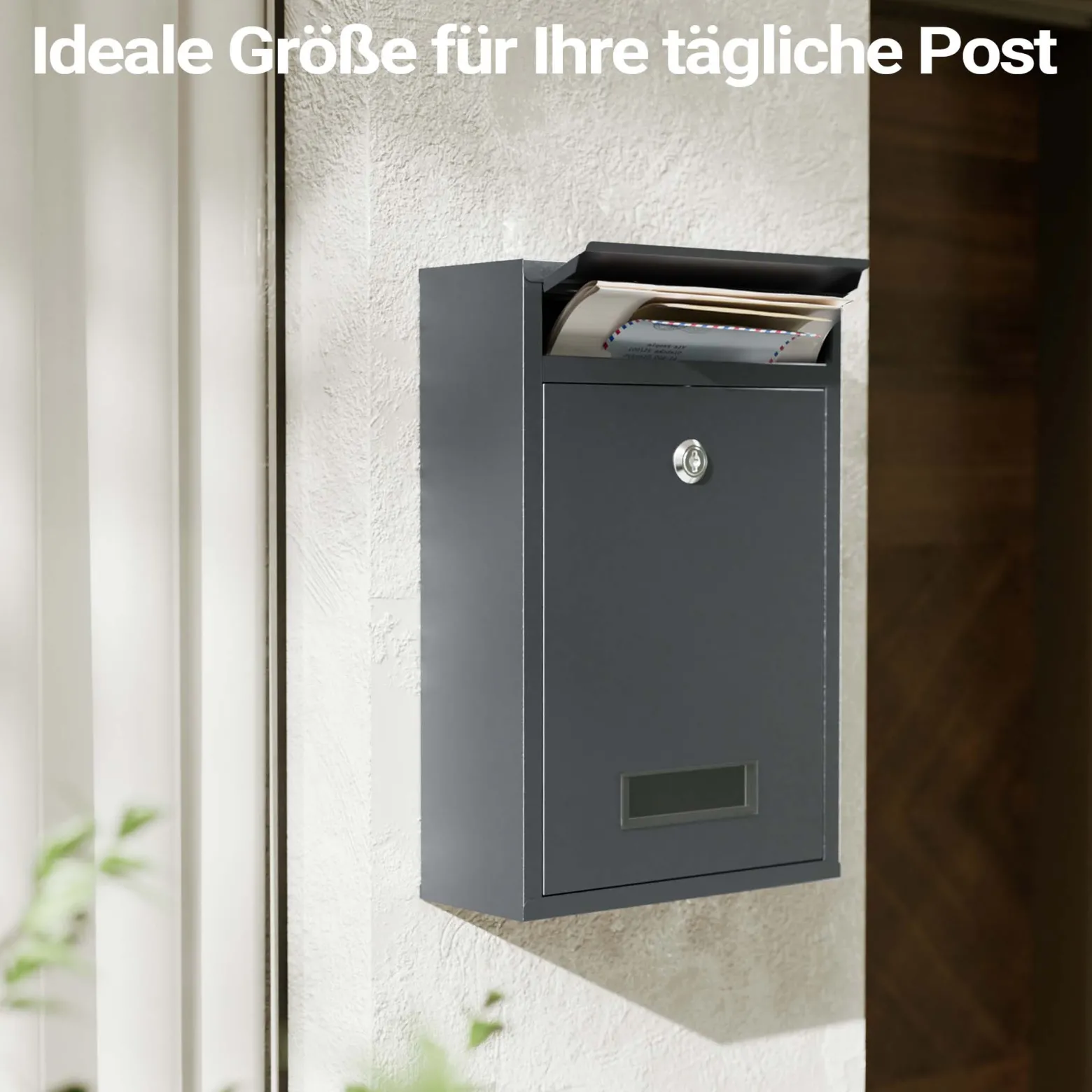 Wiltec Briefkasten anthrazit V2 Postkasten mit Namensschild, großem Briefschlitz und 2 Schlüsseln Wandbriefkasten aus pulverbeschichtetem Stahl
