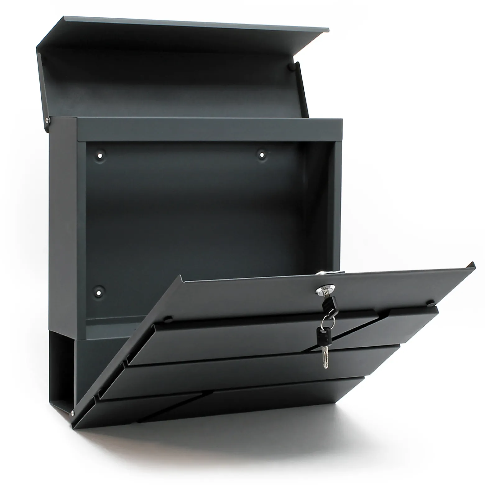 Wiltec Briefkasten Set V14 Anthrazit mit Ständer, Wandbriefkasten mit Schloss und Zeitungsrolle, Postkasten aus pulverbeschichtetem Stahl