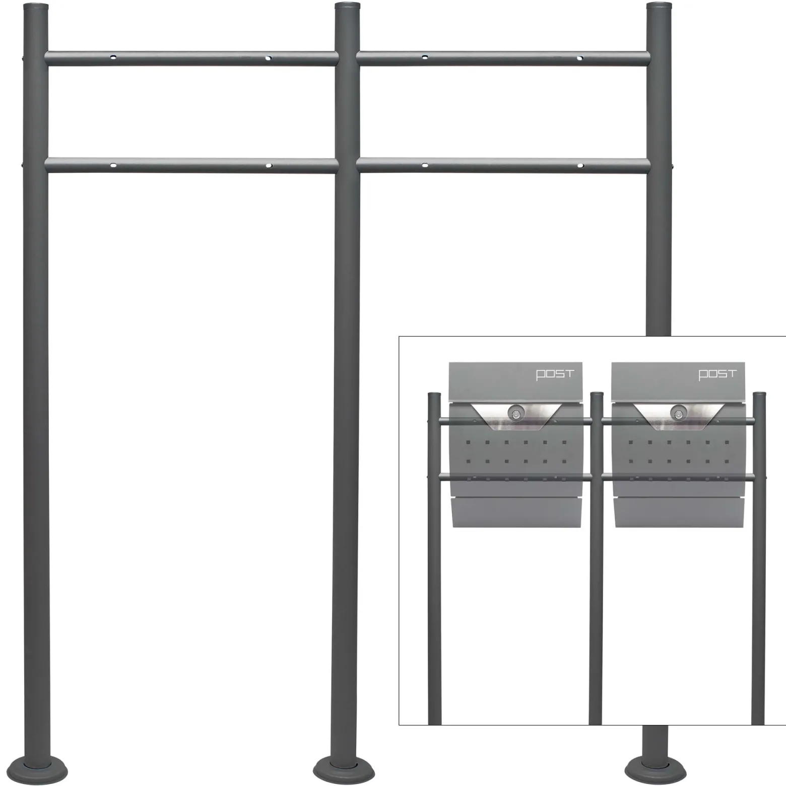 Wiltec Briefkasten Ständer 2-fach Anthrazit 1200 x 1000 mm, Doppel Standfuß für Postkasten Briefkästen Mailbox, Briefkastenständer aus Stahl für Standbriefkasten