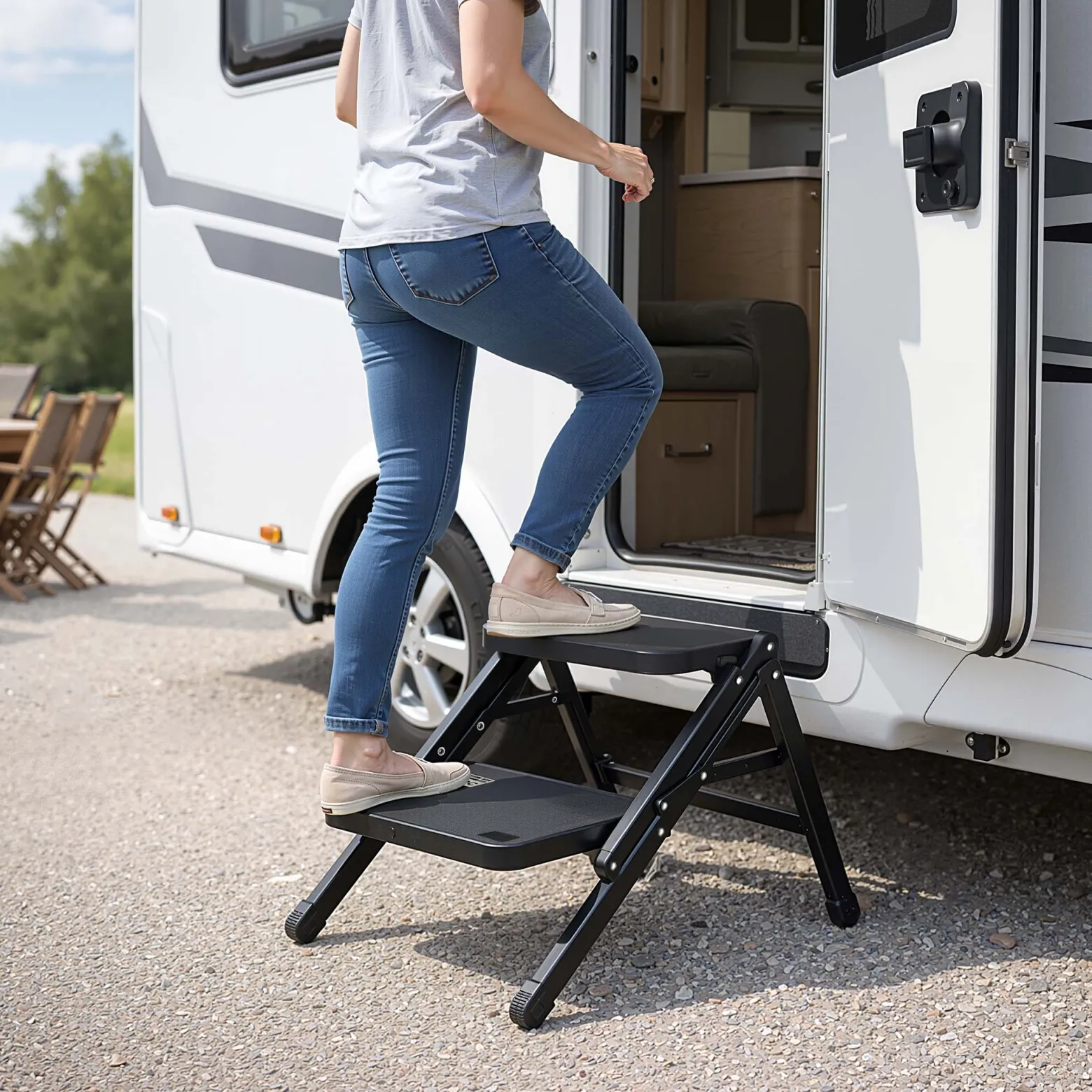 Wiltec Camping Doppeltrittstufe bis 200 kg, 2 Stufen Tritt aus Stahl, Trittleiter für Camping, Outdoor und Haushalt