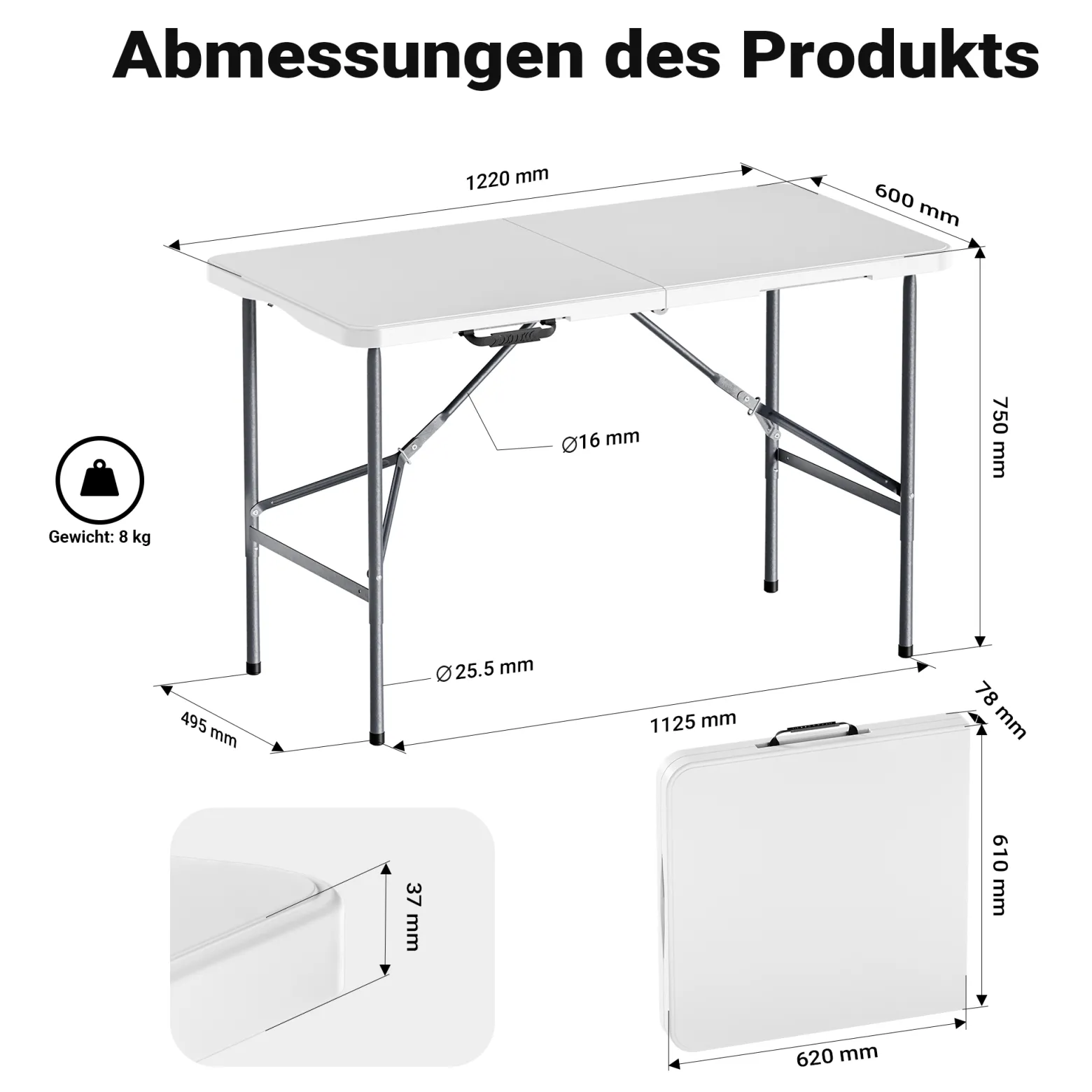 Wiltec Campingtisch klappbar 122x60x75 cm Klapptisch mit Tragegriff Partytisch Biertisch Gartentisch Buffettisch Bierzeltgarnitur Camping Tisch faltbar