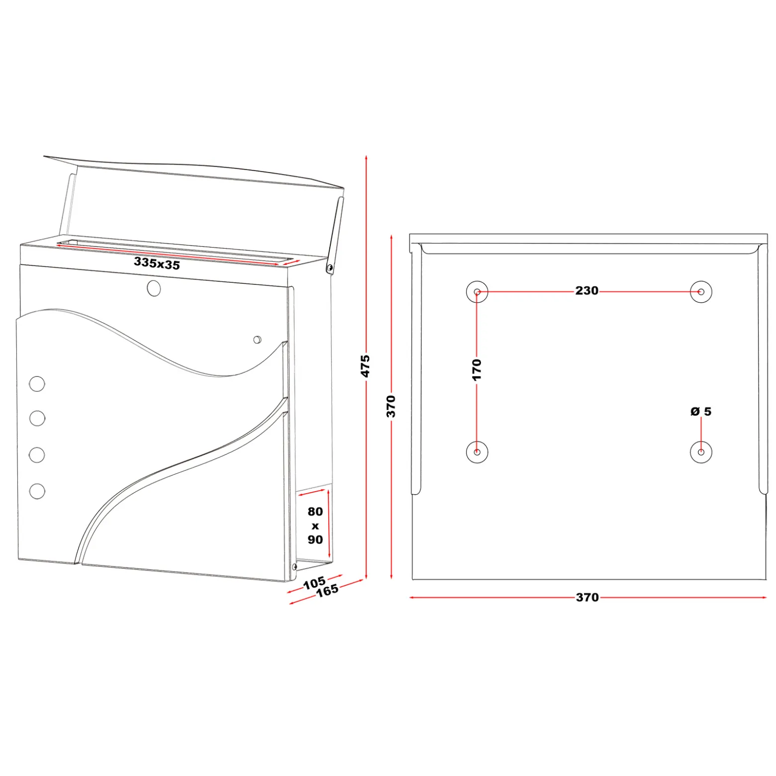 Wiltec Designer Briefkasten V31 weiß 370 x 105 x 370 mm, Wandbriefkasten mit Schloss, Sichtfenstern und Zeitungsrolle, Postkasten aus pulverbeschichtetem Stahl