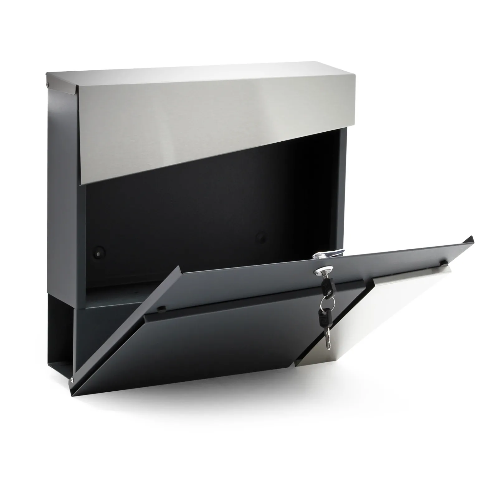 Wiltec Designer Briefkasten V24 Anthrazit und Edelstahl 370 x 105 x 370 mm, Wandbriefkasten mit Schloss, Sichtfenstern und Zeitungsrolle, Postkasten aus pulverbeschichtetem Stahl