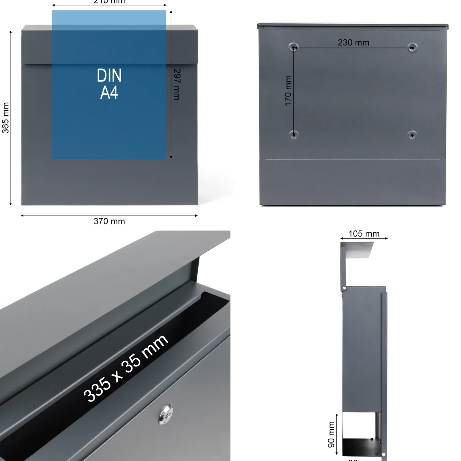 Wiltec Designer Briefkasten V49 anthrazit 370 x 105 x 370 mm, Wandbriefkasten mit Schloss und Zeitungsrolle, Postkasten aus pulverbeschichtetem Stahl