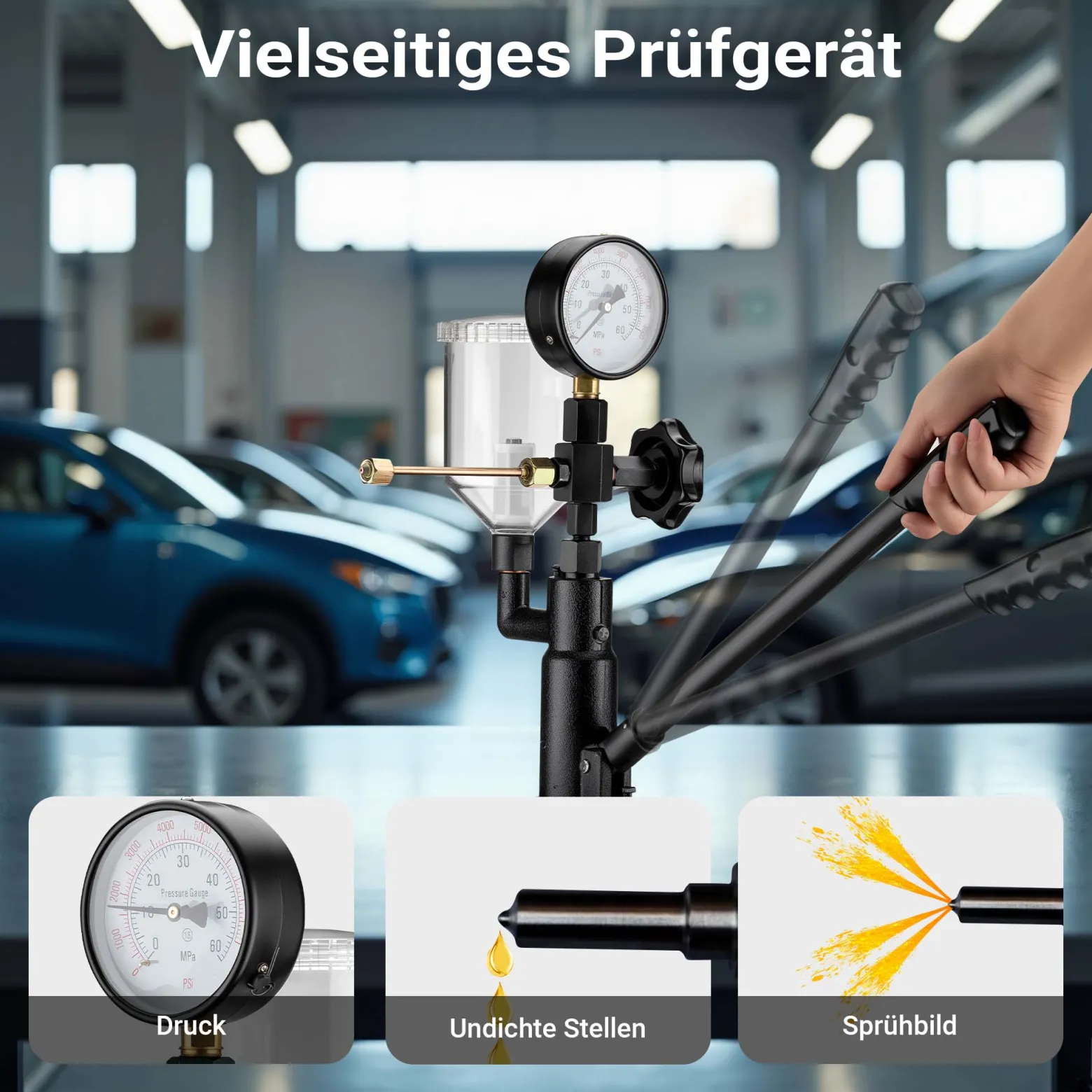 Wiltec Diesel Einspritzdüsentester, Einspritzdüsen Prüfgerät mit Manometer 0-600 bar, Injektor Testgerät inkl. Adapter, Kraftstoffbehälter und Hebel