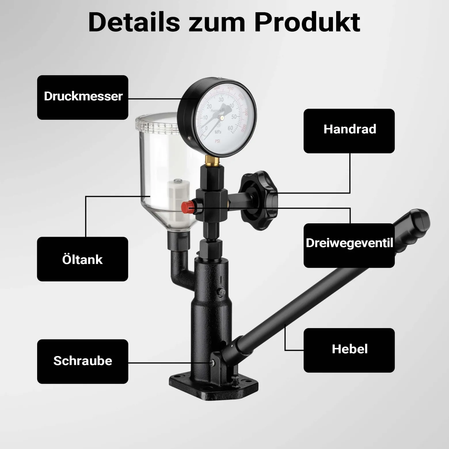 Wiltec Diesel Einspritzdüsentester, Einspritzdüsen Prüfgerät mit Manometer 0-600 bar, Injektor Testgerät inkl. Adapter, Kraftstoffbehälter und Hebel