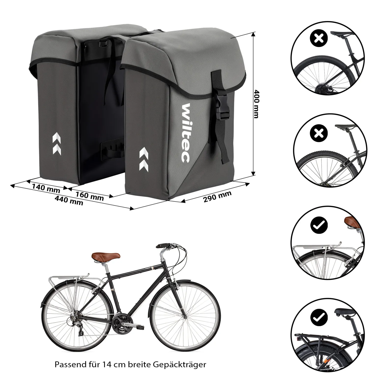 Wiltec Doppel Gepäckträgertasche, Fahrradtasche Gepäckträger 35 l Stauraum, wasserresistente Fahrrad Tasche, Gepäcktasche leichte Handhabung