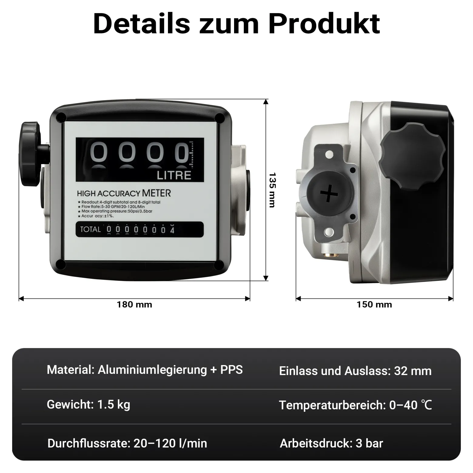 Wiltec Doppelzähler für Diesel Heizöl 3,5 bar 20-120l/min mit 32mm (1") Anschlüsse und 1% Abweichung, für Heizölpumpen und Dieselpumpen